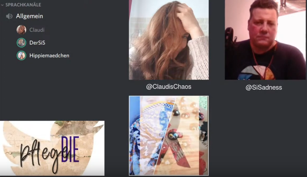 Screenshot der Liveübertragung. Links oben des Discordfenster, darumherum das Seitenlogo und Portraits von Claudi, Laura und SiS